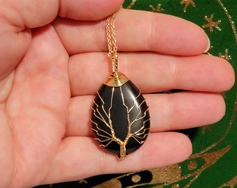 Black Agate Wire Wrapped "Tree of Life" Necklace