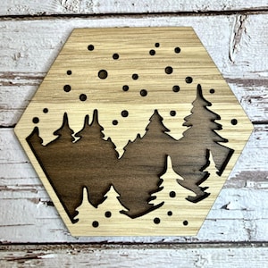 Small Hexagon Wooden Layered Snowy Trees Art
