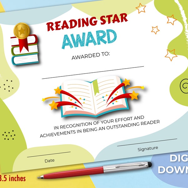 Reading Star Award Certificate, Kids Certificate, Reading Certificate, Reader Award, Fill in Certificate, Certificate Not Editable