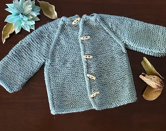 Handknit Cardigan for Baby or Toddler, Wooden Toggles, Unisex