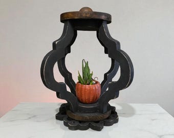 Hand-Built Moroccan Wood Lantern, Distressed Black Plant Stand