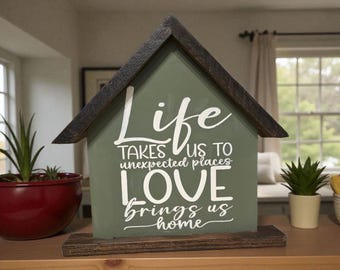 Olive Green Home Sign, Stained Wood Shelf Sitter