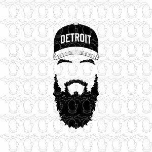 May include: Black and white illustration of a person wearing a black baseball cap with the word "DETROIT" in white letters. The person has a thick black beard and moustache.