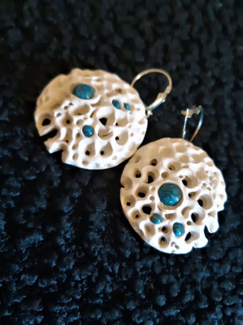 Large Lightweight Earrings White Coral Earrings Big Dangle Round Earrings Polymer Handmade Jewelry | Boho Ethnic Jewelry