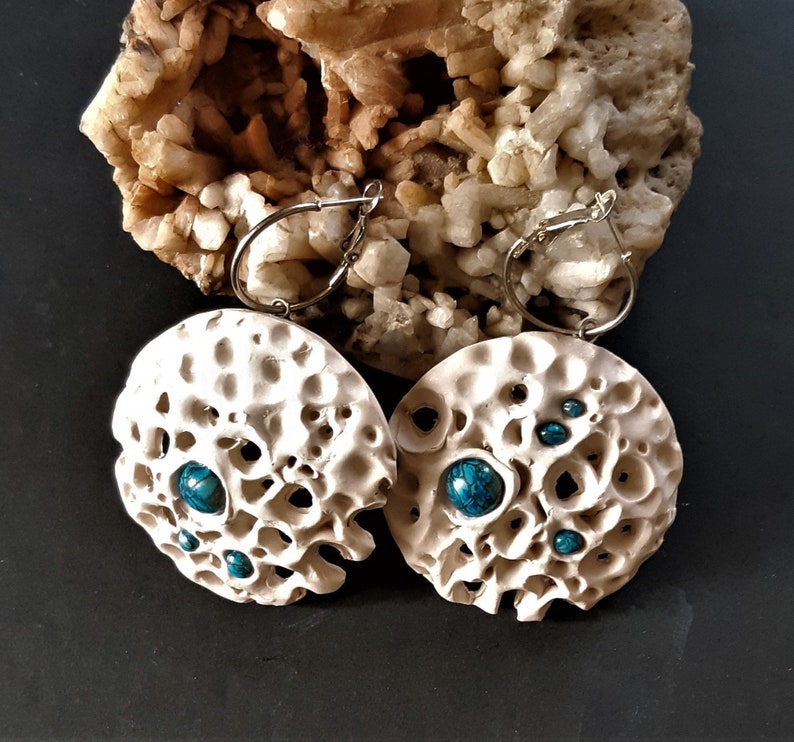 Large Lightweight Earrings White Coral Earrings Big Dangle Round Earrings Polymer Handmade Jewelry | Boho Ethnic Jewelry