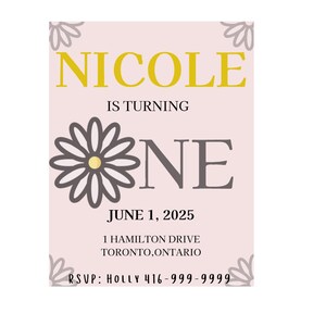 Une invitation numérique marguerite pour le 1er anniversaire | Invitation d'anniversaire sur le thème de la marguerite | Thème Marguerite | faire-part modifiable |  Téléchargement numérique