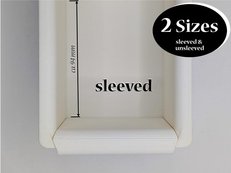 May include: White rectangular box with a white lid. The box is 9.4 cm tall and has the word "sleeved" printed on the front. The box is available in two sizes: sleeved and unsleeved.