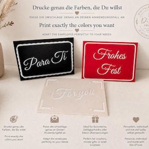 May include: Three rectangular envelopes featuring decorative borders and text. One is black with white text reading Para Ti, one is red with white text reading Frohes Fest, and one is beige with white text reading For you. Includes digital product badge.
