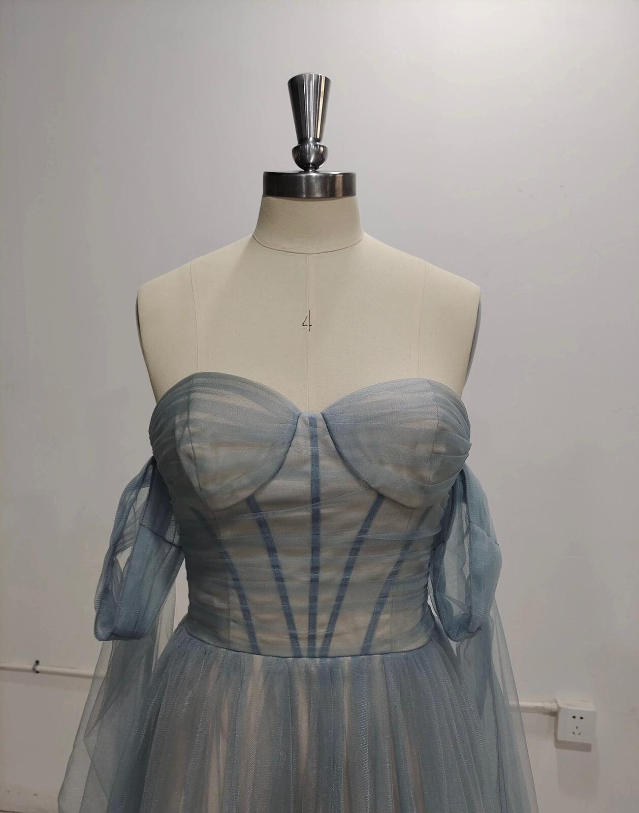 Dusty Blue Gown With Puffy Sleeves 