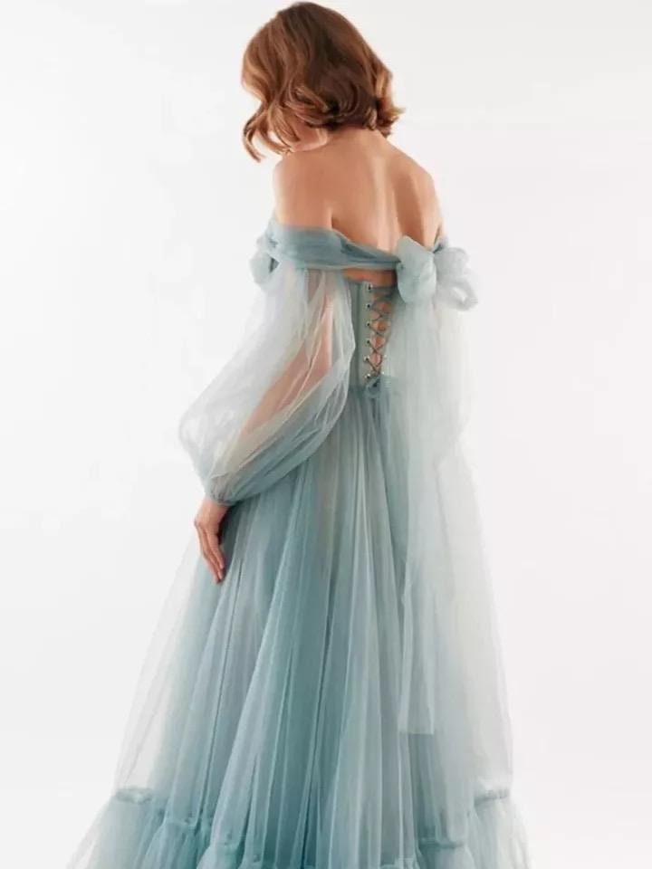 Dusty Blue Gown With Puffy Sleeves 