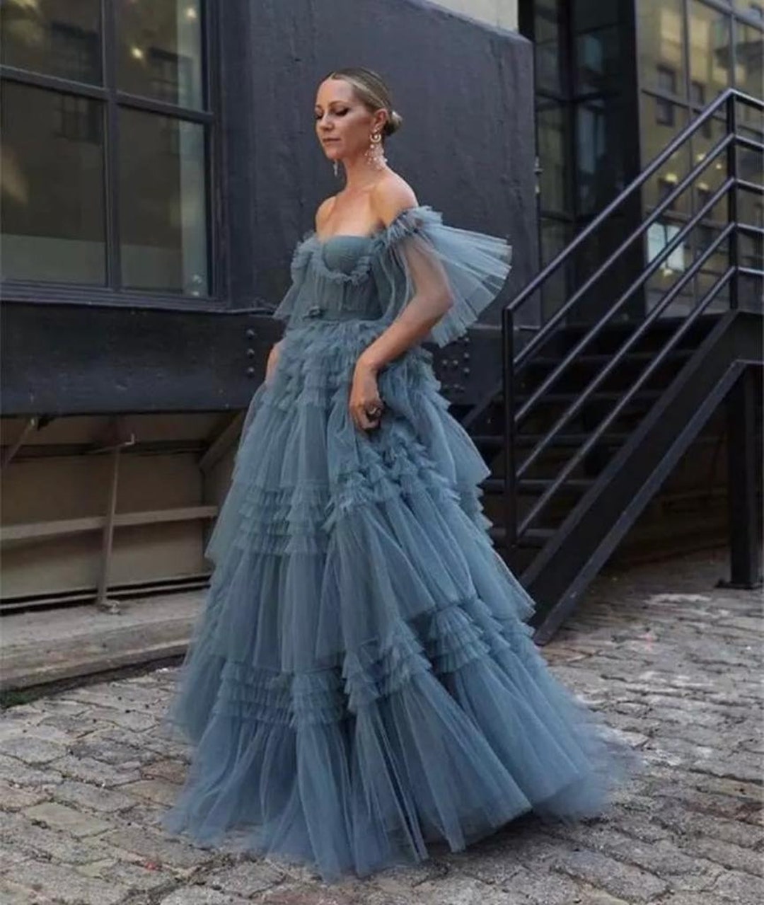 Ruffled Dusty Blue Tulle Gown - Etsy Canada