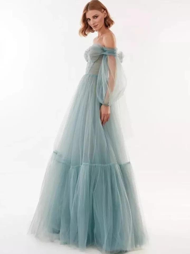 Dusty Blue Gown With Puffy Sleeves 