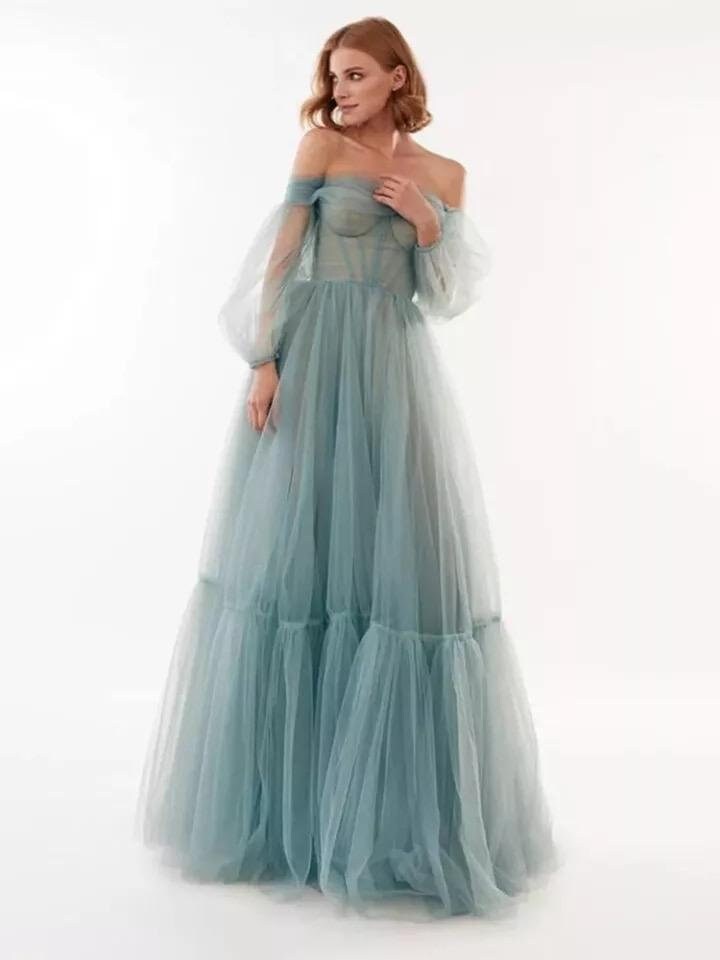 Dusty Blue Gown With Puffy Sleeves 