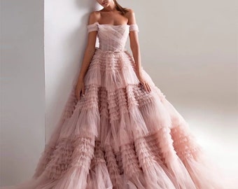 Ruffled Dusty Pink Tulle Gown