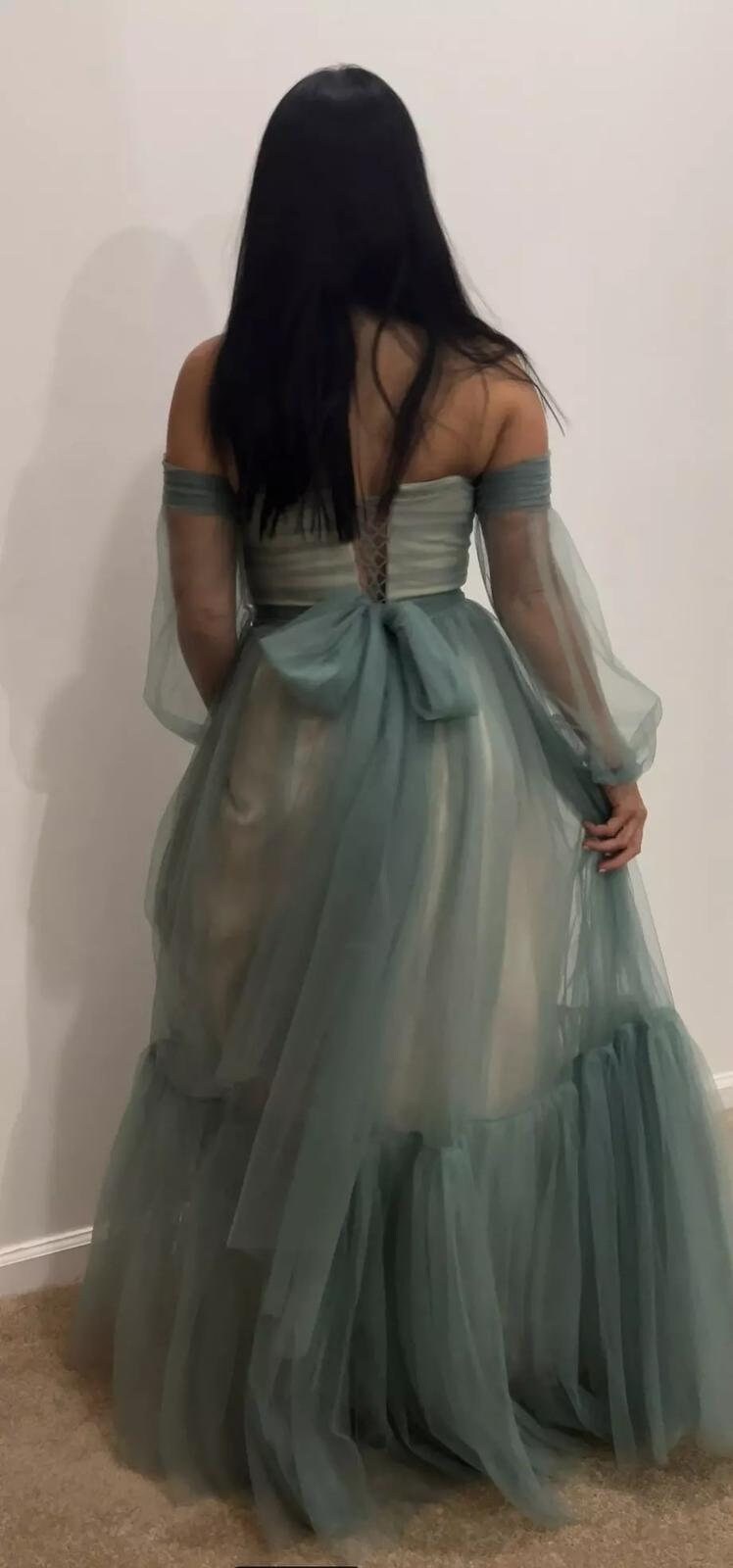Dusty Blue Gown With Puffy Sleeves 