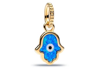 Sparkling 925 Sterling Silver Opalescent Blue Hamsa Hand Gold Dangle Charm