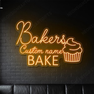 Bakers Custom Name Neon Sign, Bake Shop Custom Light Sign, Personalized Bakery Cupcake Neon Wall Art, Custom Name Bake LED Wall Decor