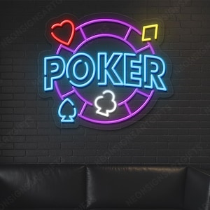 Poker Chip Neon Sign, Game Room Poker Light Sign, Poker Casino, Neon Poker Sign Card Symbols, Texas Hold’em Poker Casino Style LED Sign