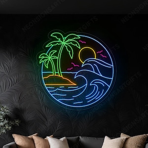 Palmskylt med strandvågor tropisk neonskylt, sommardekor neonskylt för kustnära hem, palm- och havsvågor LED-vägglampa