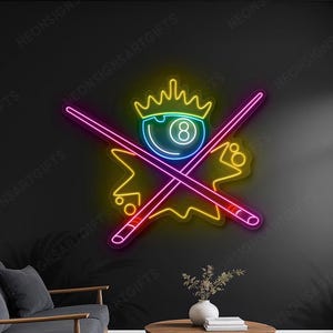 Billiards 8 Ball With Crown Led Wall Light, Pool Hall 8 Ball Crown And Cue Sticks Neon Sign, 8 Ball Crown Billiards Club Led Neon Sign Decor