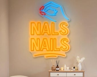 Nails Nails Neon Sign, Nail Art Neon Sign With Hand Design, Nail Salon Spa Beauty Decor Hand Holding Nail Art, Nails Nails Letter Neon Sign
