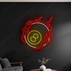 Flaming 8 Ball Billiards Neon Sign, Striking Fire Billiards Pool Neon Sign For Game Room, Hot Flame 8 Ball Billiards Led Light Sign