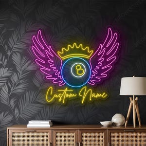 Custom Name Ball Billiards Neon Sign, Winged Crown Custom Name Billiards Led Wall Light, Personalized Number Name Winged Billiards Neon Sign