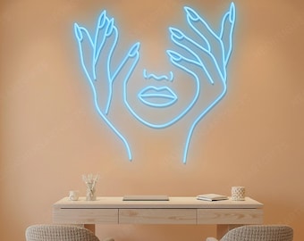 Abstract Nail Beauty Neon Sign, Minimalist Face And Hands Neon Sign Nail Salon Wall Hanging, Abstract Face Art Nail And Beauty Wall Decor