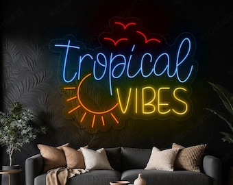 Tropical Vibes Led Sign with SunPalm Decor Beach Bar Resort Poolside, Tropical Vibes Neon Light Wall Art, Vibrant Tropical Vibes Neon Light