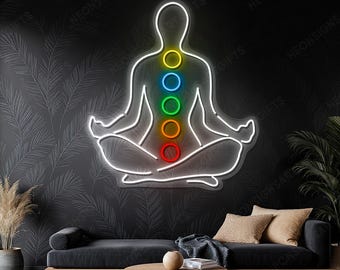 Luce al neon a LED per meditazione, decorazione da parete con insegna al neon per meditazione sui chakra, insegna al neon con luce per pose yoga, arte da parete colorata per studio benessere a LED per yoga