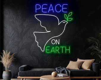 Minimal Dove Of Peace Neon Light, Peace On Earth Quote Neon Sign, Dove And Olive Peace On Earth Script Led Sign Wall Art