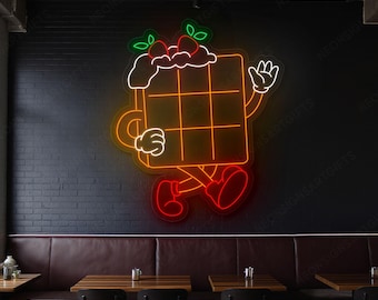 Waffle with Strawberries Led Neon, Cartoon Waffle Cake Neon Light, Waffle Shop Neon Sign Wall Decor, Waffle Character Neon Sign Wall Art