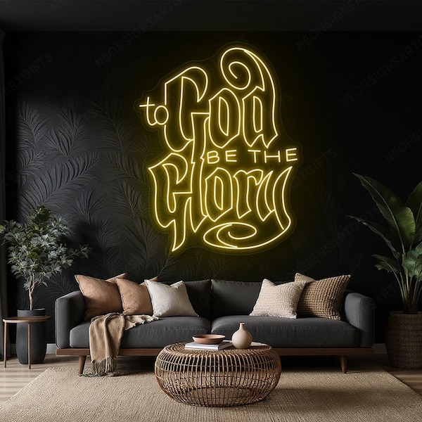Letreiro de néon com a frase "A Deus seja a glória", caligrafia moderna, arte luminosa em néon, luminária de parede LED inspiradora com louvor bíblico.