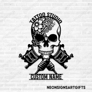 Custom Skull Tattoo Shop Metal Sign, Skull Tattoo Machine Metal Sign, Custom Tattoo Studio Metal Sign, Tattoo Machine Skull Wall Decor image 1