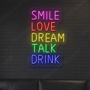 Smile Love Dream Talk Drink Colorful Motivational Neon Sign LED Wall Art, Smile Love Dream Talk Drink Rainbow Quote Rainbow Bar Neon Sign