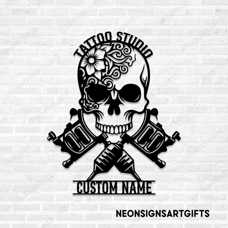 Custom Skull Tattoo Shop Metal Sign, Skull Tattoo Machine Metal Sign, Custom Tattoo Studio Metal Sign, Tattoo Machine Skull Wall Decor image 1