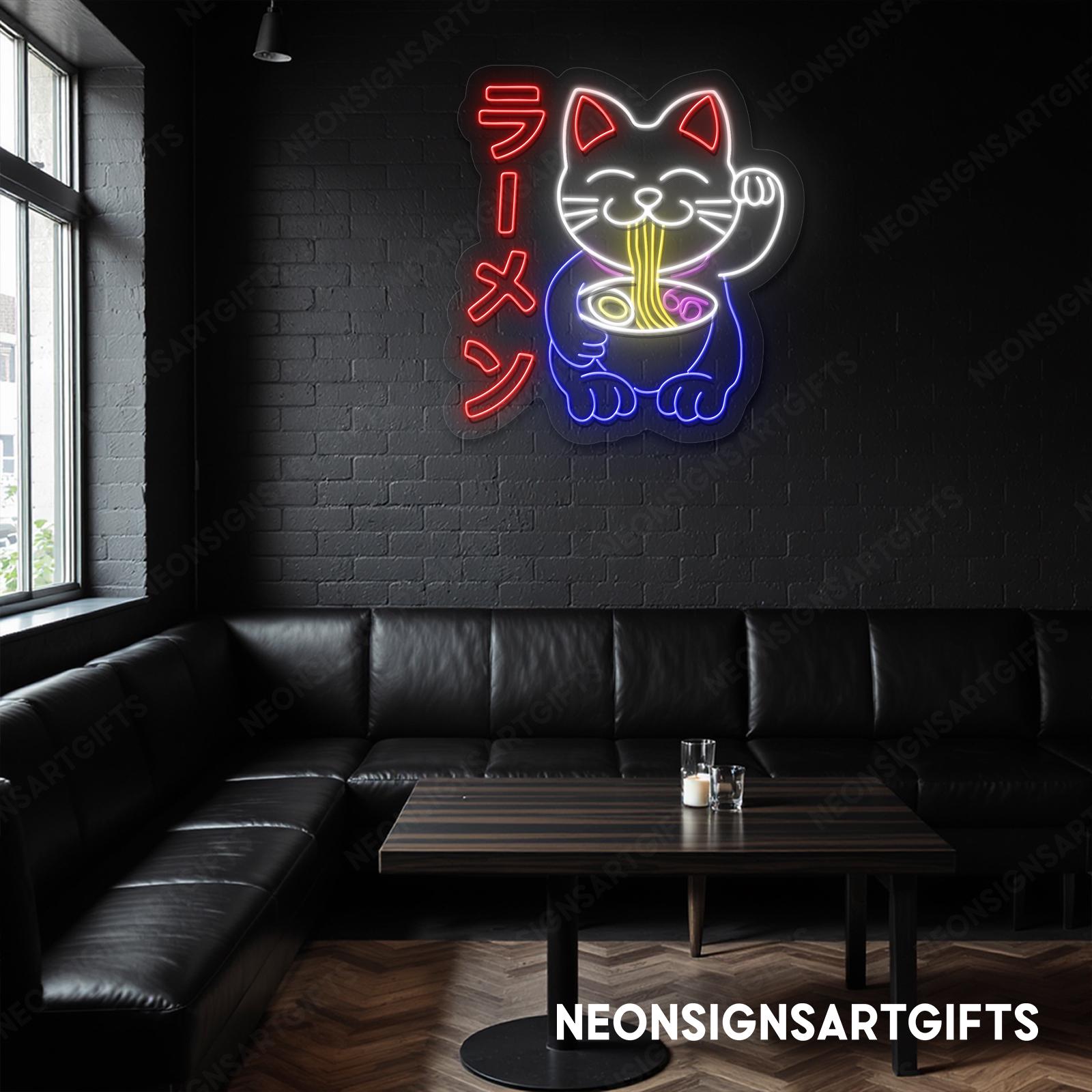 ネオンサイン ラーメン ネコ Maneki Neko Ramen Neon Sign, Lucky Cat Maneki Neko LED Wall Light
