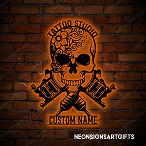 Custom Skull Tattoo Shop Metal Sign, Skull Tattoo Machine Metal Sign, Custom Tattoo Studio Metal Sign, Tattoo Machine Skull Wall Decor image 2
