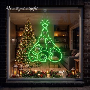 Cat Christmas Tree Printed Neon Sign, Stacked Kitties Xmas Pine Tree UV Wall Light, Christmas Kitty Tree Artwork Printed Led Sign