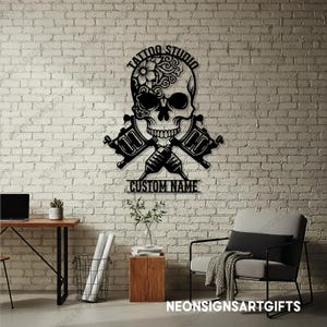 Custom Skull Tattoo Shop Metal Sign, Skull Tattoo Machine Metal Sign, Custom Tattoo Studio Metal Sign, Tattoo Machine Skull Wall Decor image 4