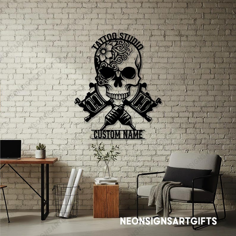 Custom Skull Tattoo Shop Metal Sign, Skull Tattoo Machine Metal Sign, Custom Tattoo Studio Metal Sign, Tattoo Machine Skull Wall Decor image 4