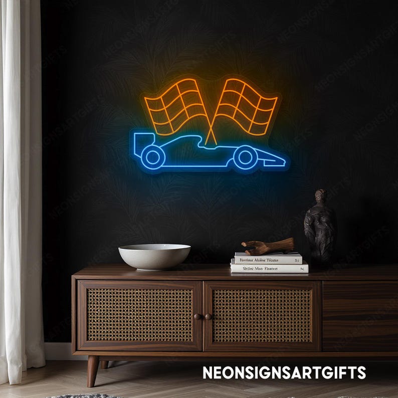 Racing Car Neon Formula 1 Led Wall Light With Checkered Flags, Modern ...
