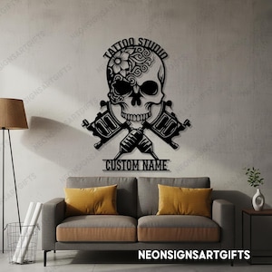 Custom Skull Tattoo Shop Metal Sign, Skull Tattoo Machine Metal Sign, Custom Tattoo Studio Metal Sign, Tattoo Machine Skull Wall Decor image 5