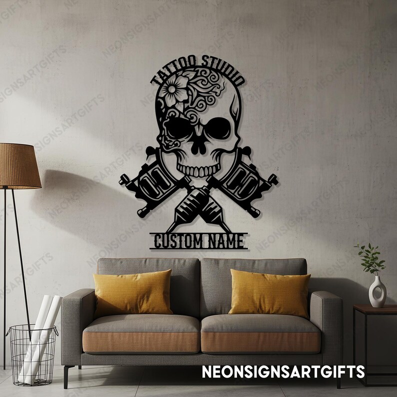 Custom Skull Tattoo Shop Metal Sign, Skull Tattoo Machine Metal Sign, Custom Tattoo Studio Metal Sign, Tattoo Machine Skull Wall Decor image 5