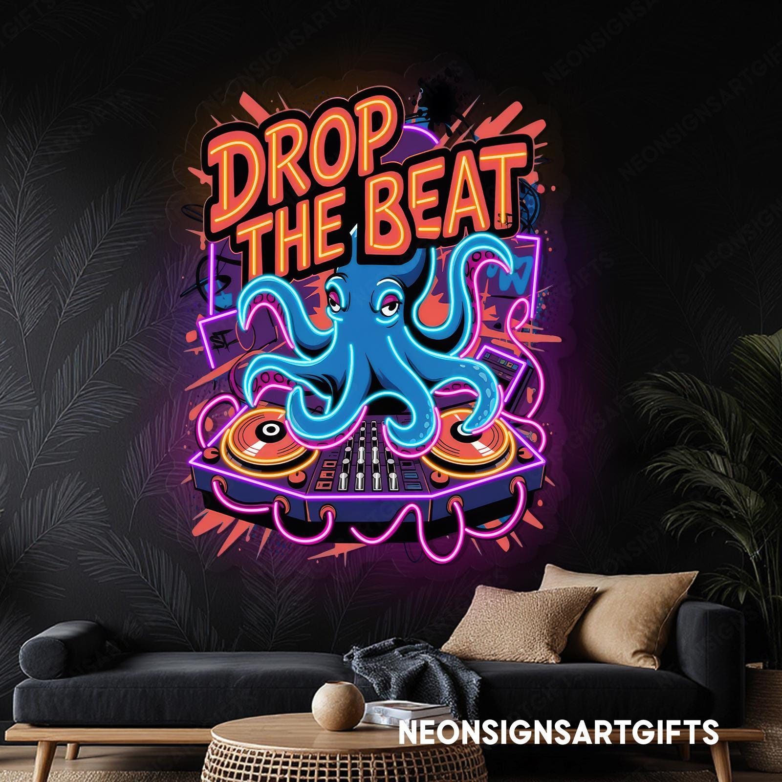 Drop the Beat Octopus Neon Sign, Octopus Dj Turntable Led Wall