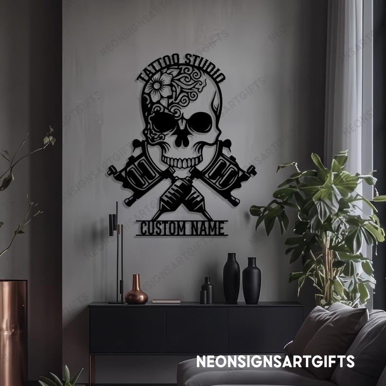 Custom Skull Tattoo Shop Metal Sign, Skull Tattoo Machine Metal Sign, Custom Tattoo Studio Metal Sign, Tattoo Machine Skull Wall Decor image 6