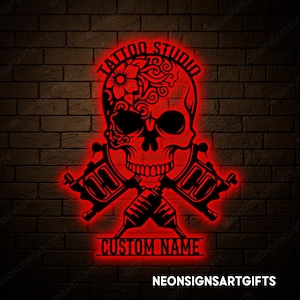 Custom Skull Tattoo Shop Metal Sign, Skull Tattoo Machine Metal Sign, Custom Tattoo Studio Metal Sign, Tattoo Machine Skull Wall Decor image 3