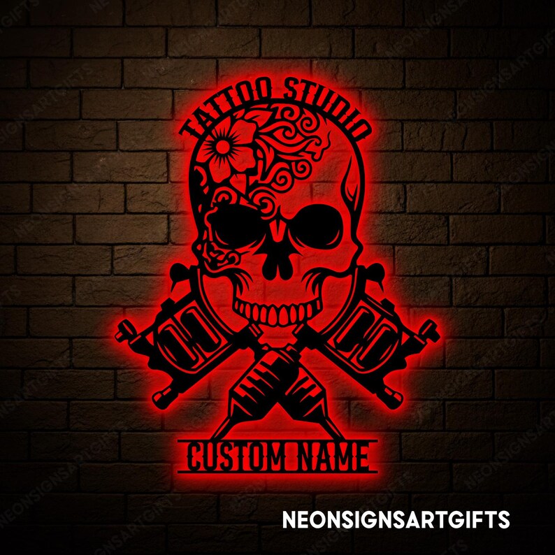 Custom Skull Tattoo Shop Metal Sign, Skull Tattoo Machine Metal Sign, Custom Tattoo Studio Metal Sign, Tattoo Machine Skull Wall Decor image 3