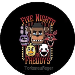 Könnte beinhalten: Ein schwarzer Kreis mit einer roten und gelben Grafik der Charaktere aus dem Videospiel "Five Nights at Freddy's". Der Text "Five Nights at Freddy's" ist in weißer, roter und gelber Schrift. Der Text "at" ist in weißer Schrift. Der Text "Freddy's" ist in weißer, roter und gelber Schrift. Der Text "Tortenaufleger" ist in weißer Schrift.