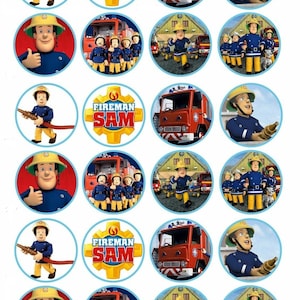 May include: A set of 16 round cupcake toppers featuring the cartoon character Fireman Sam. The toppers feature various images of Fireman Sam, his fire engine, and other firefighters. The toppers are printed on a white background with a blue border.